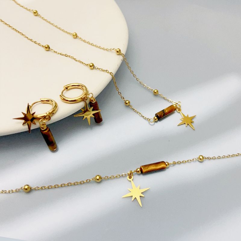 Right Grand Boho Waterproof Vintage Fashion Women Stainless Steel Star Pendant Necklace Bracelet Tiger Eye Natural Stone Jewelry Sets