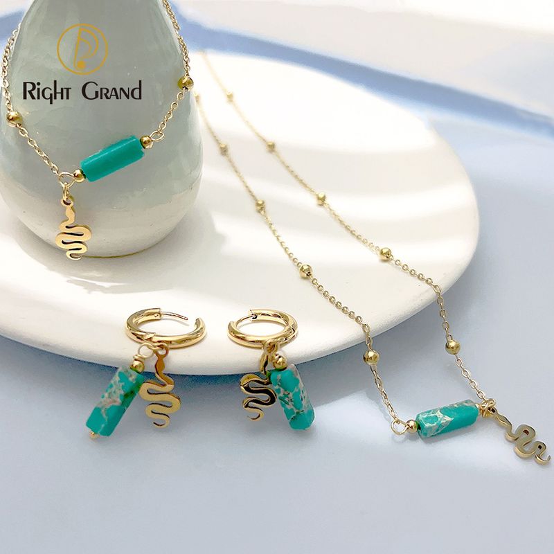 Right Grand Vintage Fashion Women Stainless Steel Natural Stone Bead Snake Pendant Necklace Bracelet Girls Turquoise Jewelry Sets