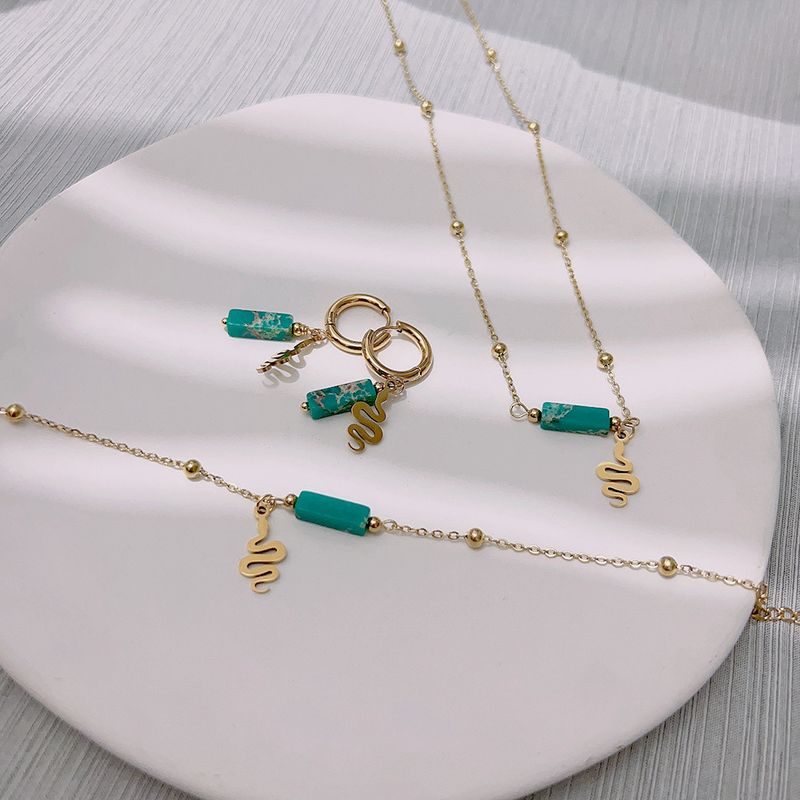 Right Grand Vintage Fashion Women Stainless Steel Natural Stone Bead Snake Pendant Necklace Bracelet Girls Turquoise Jewelry Sets