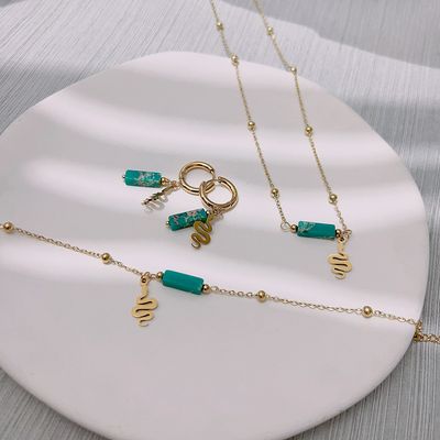 Right Grand Vintage Fashion Women Stainless Steel Natural Stone Bead Snake Pendant Necklace Bracelet Girls Turquoise Jewelry Sets