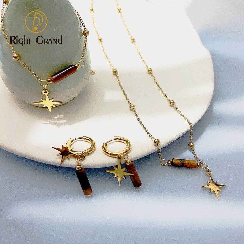 Right Grand Boho Waterproof Vintage Fashion Women Stainless Steel Star Pendant Necklace Bracelet Tiger Eye Natural Stone Jewelry Sets