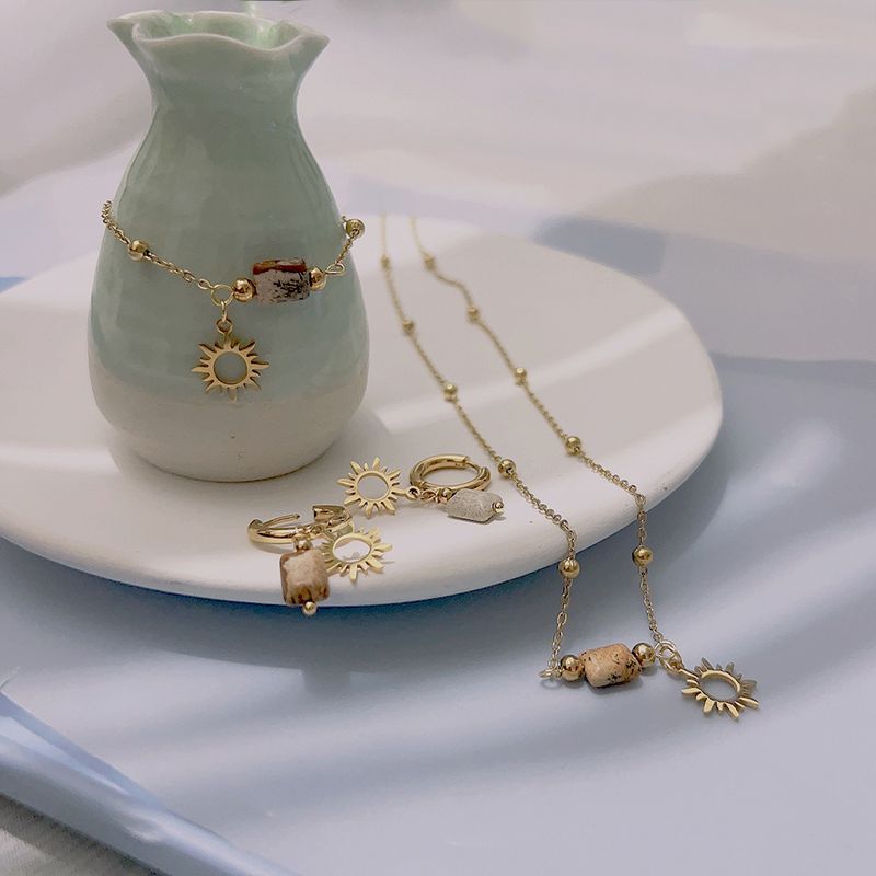 Right Grand Elegant Vintage Fashion Gold Plated Stainless Steel Dangle Sun Pendant Natural Stone Hawaiian Indian Jewelry Sets