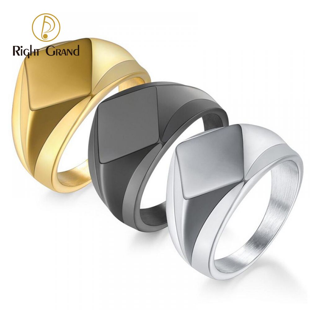 Right Grand Waterproof Jewelry Personalized Laser Logo Jewelry Geometric Engraved Gold Plated Custom Stainless Steel Blank Signet Ring