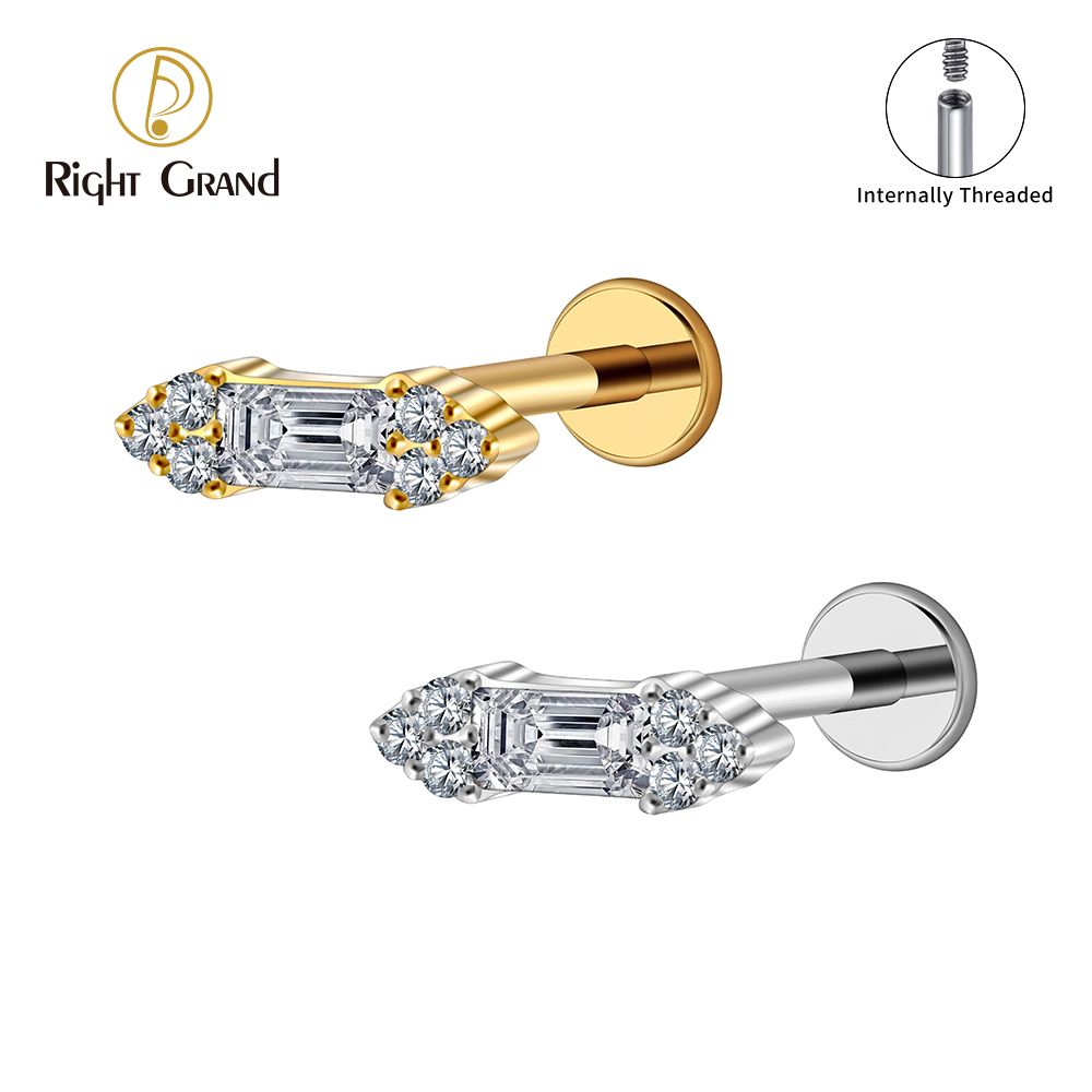 Right Grand ASTM F136 Titanium 16G Internal Thread Baguette CZ Stud Earring Cluster CZ Cartilage Tragus Helix Labret Nose Stud Piercing