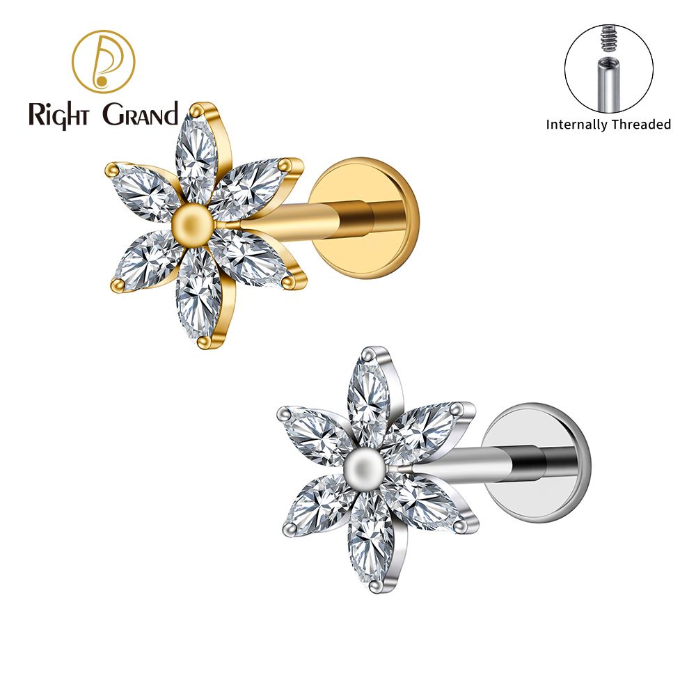 Right Grand ASTM F136 Titanium 16G Internal Thread Marquise Flower CZ Labret Stud Helix Conch Cartilage Tragus Flat Back Piercing