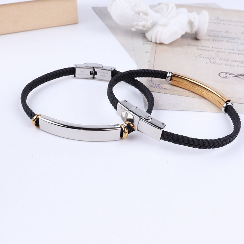 Right Grand Personalized Logo Name Diy Men Fashion Jewelry Blank Bar Engravable Stainless Steel Braided Custom Leather Bracelet