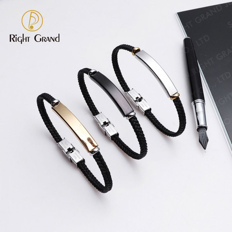 Right Grand Personalized Logo Name Diy Men Fashion Jewelry Blank Bar Engravable Stainless Steel Braided Custom Leather Bracelet
