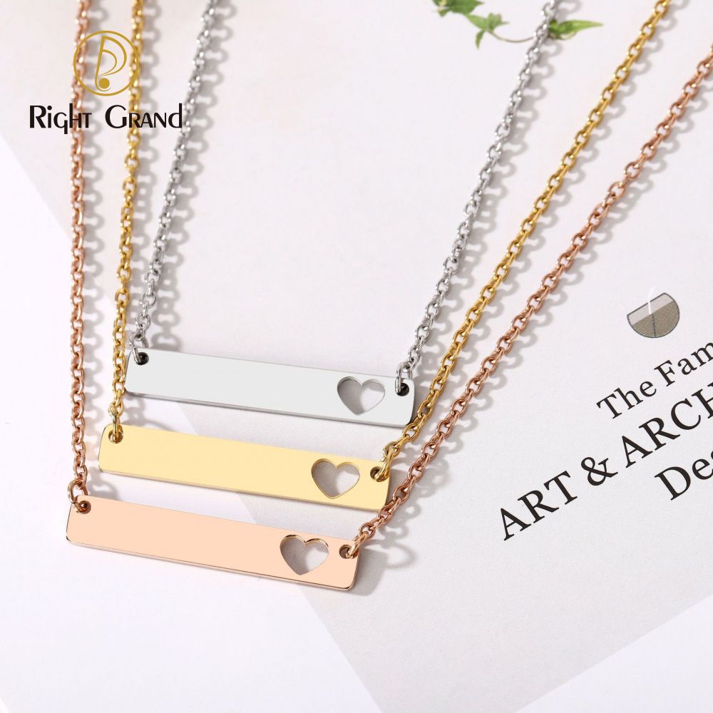 Right Grand Personalized Jewelry Custom Laser Hollow Cut Love Heart Logo Name Gold Plated Horizontal Bar Pendant Necklace