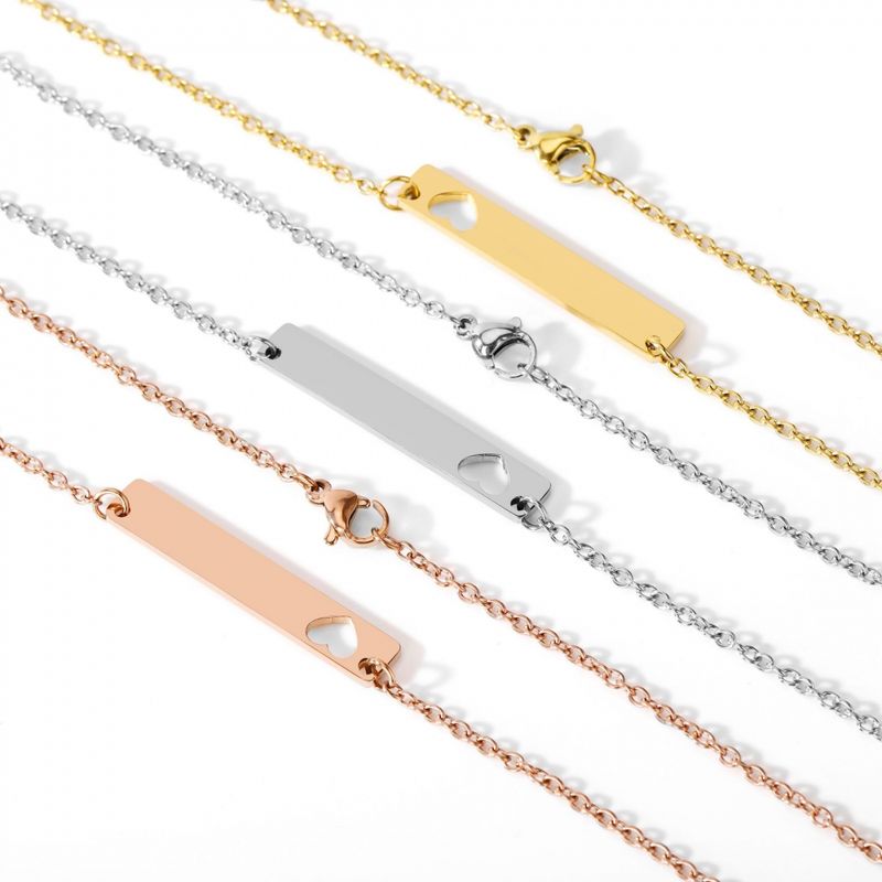 Right Grand Personalized Jewelry Custom Laser Hollow Cut Love Heart Logo Name Gold Plated Horizontal Bar Pendant Necklace