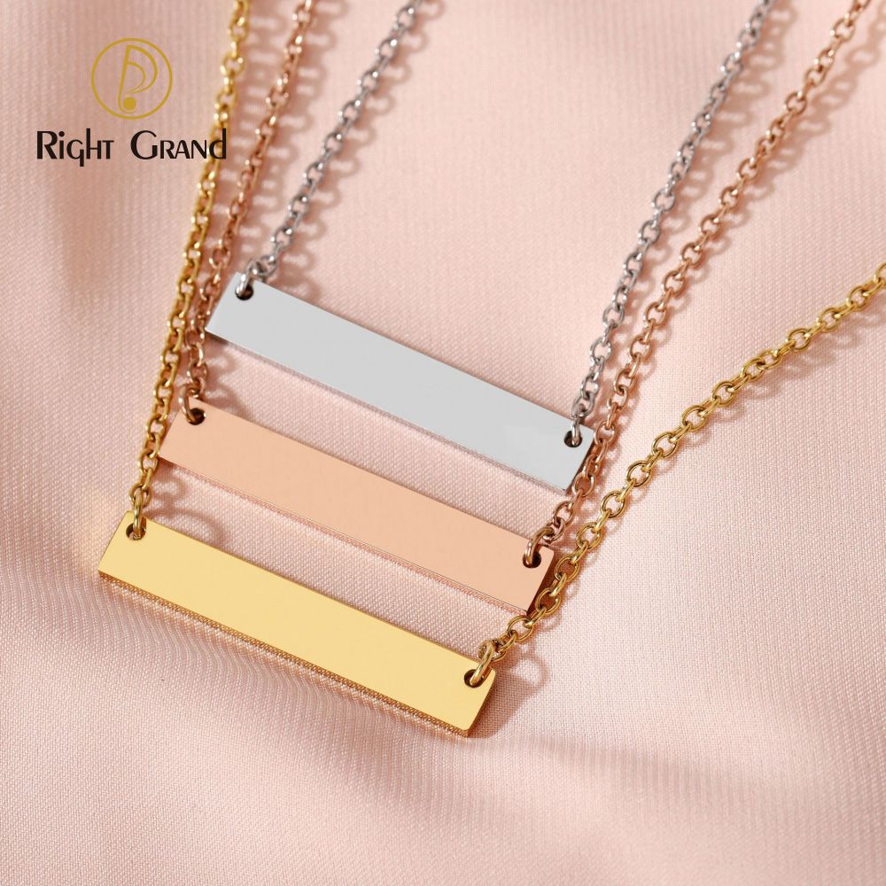 Right Grand Fashion Jewelry Custom Blank Laser Logo Name Gold Plated Horizontal Bar Pendant Necklace