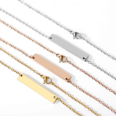 Right Grand Fashion Jewelry Custom Blank Laser Logo Name Gold Plated Horizontal Bar Pendant Necklace