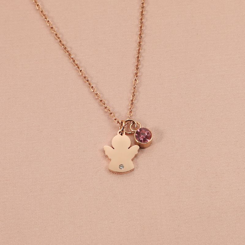 Right Grand Fashion Trendy Stainless Steel Jewelry Cubic Zirconia Birthstone Rose Gold Plated Angel Pendant Necklace