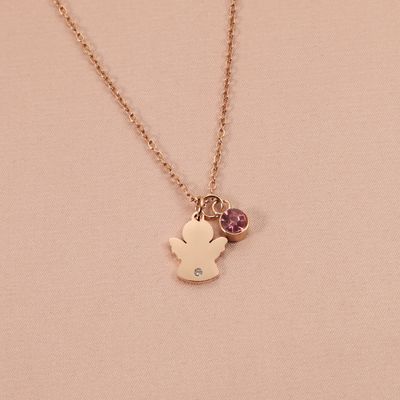 Right Grand Fashion Trendy Stainless Steel Jewelry Cubic Zirconia Birthstone Rose Gold Plated Angel Pendant Necklace