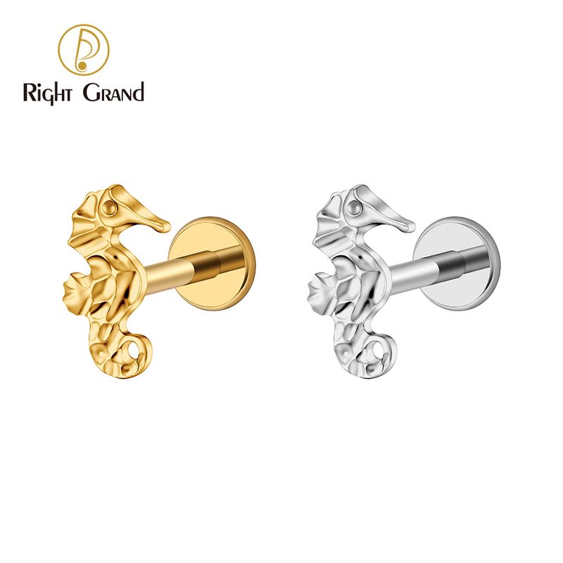 Right Grand ASTM F136 Titanium 16G Internal Thread Seahorse Flat Back Labret Stud Cartilage Earring Helix Tragus Stud Nose Piercing Body Jewelry