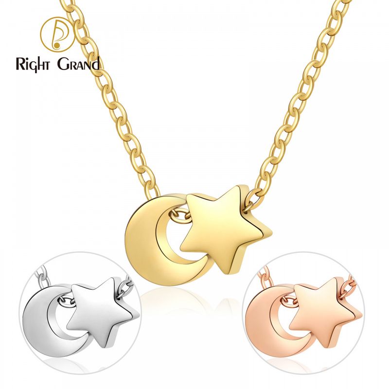 Right Grand Fashion Jewelry Stainless Steel Gold Plating Choker Hollow Out Star Moon Charm Pendant Necklace