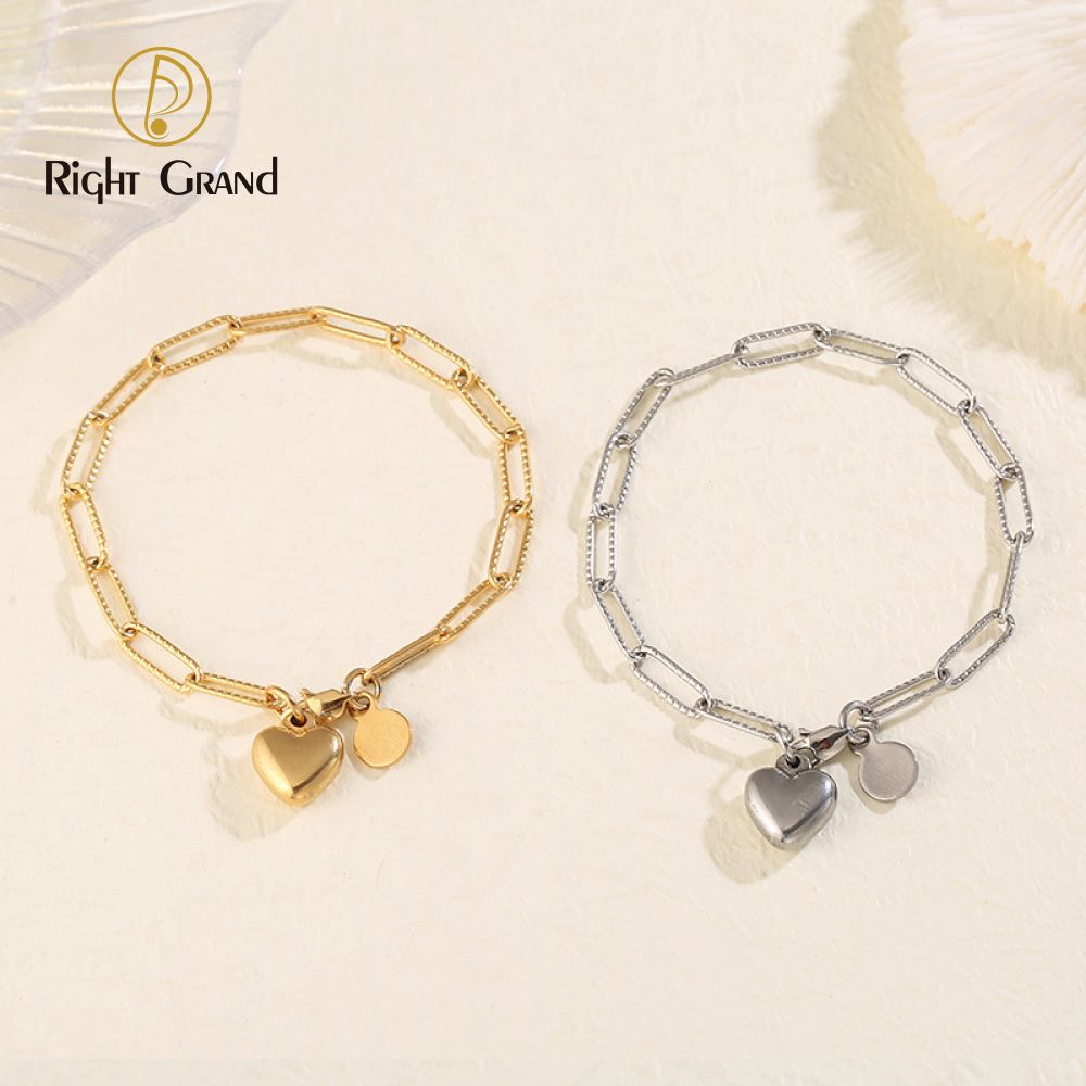 Right Grand Fashion Jewelry Stainless Steel Gold Plated Star Love Heart Charm Paperclip Chain Bracelet Necklace