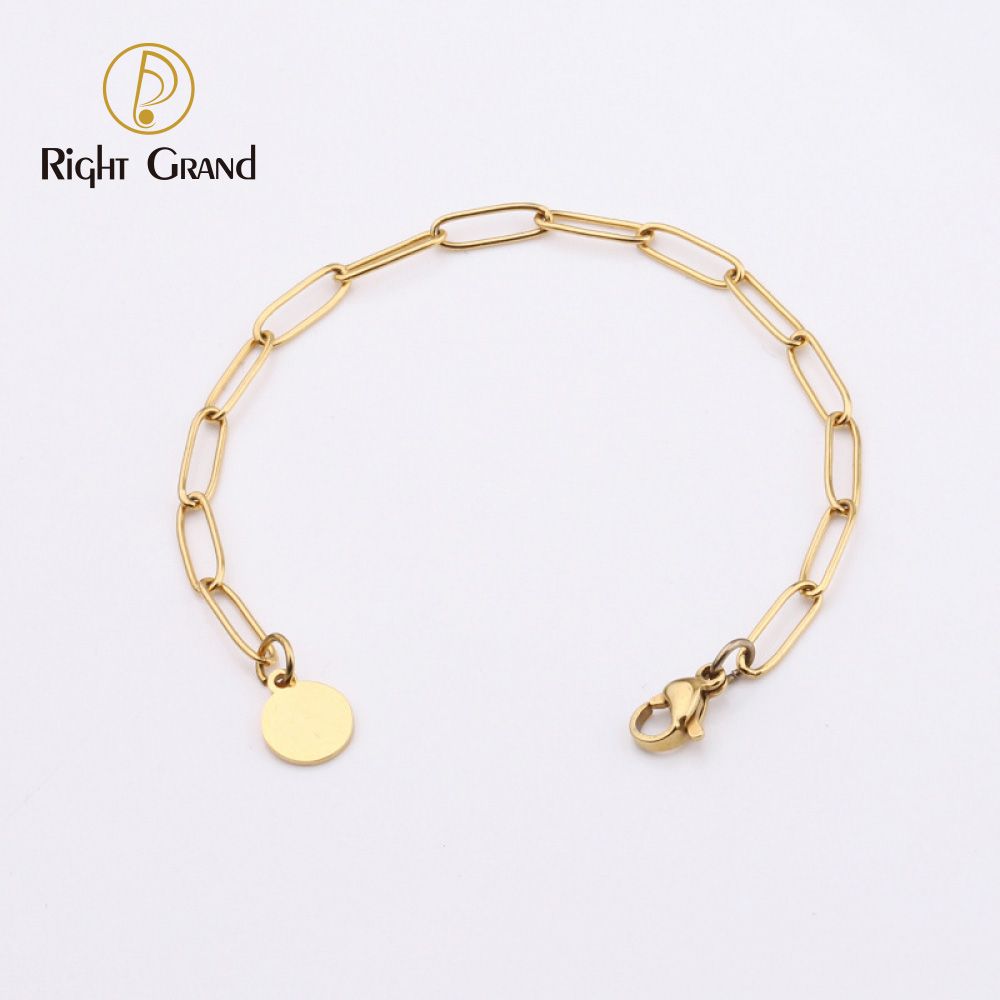 Right Grand Fashion Jewelry Gold Plated Round Disc Charm Stainless Steel Geometric Paper Clip Link Hand Chain Bracelet