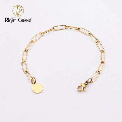 Right Grand Fashion Jewelry Gold Plated Round Disc Charm Stainless Steel Geometric Paper Clip Link Hand Chain Bracelet
