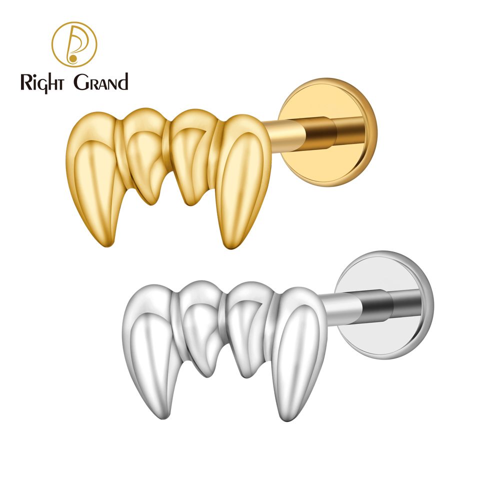 Right Grand ASTM F136 Titanium Internal Thread Vampire Fangs Labret Stud 16G Teeth Helix Conch Cartilage Tragus Stud Halloween Piercing Jewelry