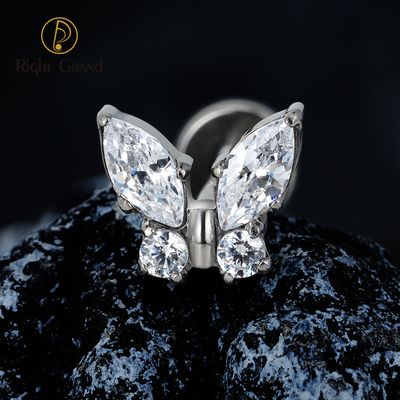Right Grand CZ Butterfly ASTM F136 Titanium Internal Thread Cubic Zirconia Ear Tragus Helix Labret Piercing