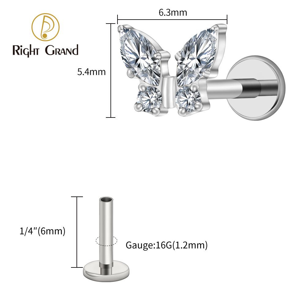 Right Grand CZ Butterfly ASTM F136 Titanium Internal Thread Cubic Zirconia Ear Tragus Helix Labret Piercing, Color: Titanium/Clear CZ, Size: 16G-1/4&quot;(1.2*6mm)