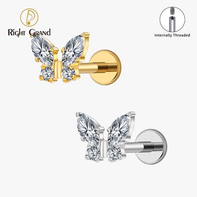 Right Grand CZ Butterfly ASTM F136 Titanium Internal Thread Cubic Zirconia Ear Tragus Helix Labret Piercing