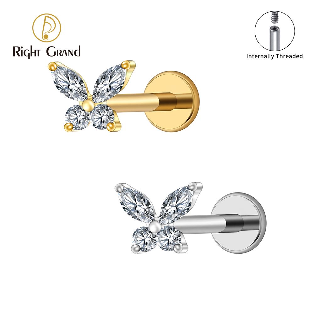 Right Grand ASTM F136 Titanium 16G Internal Thread Butterfly CZ Labret Tragus Cartilage Conch Forward Helix Stud Nose Piercing