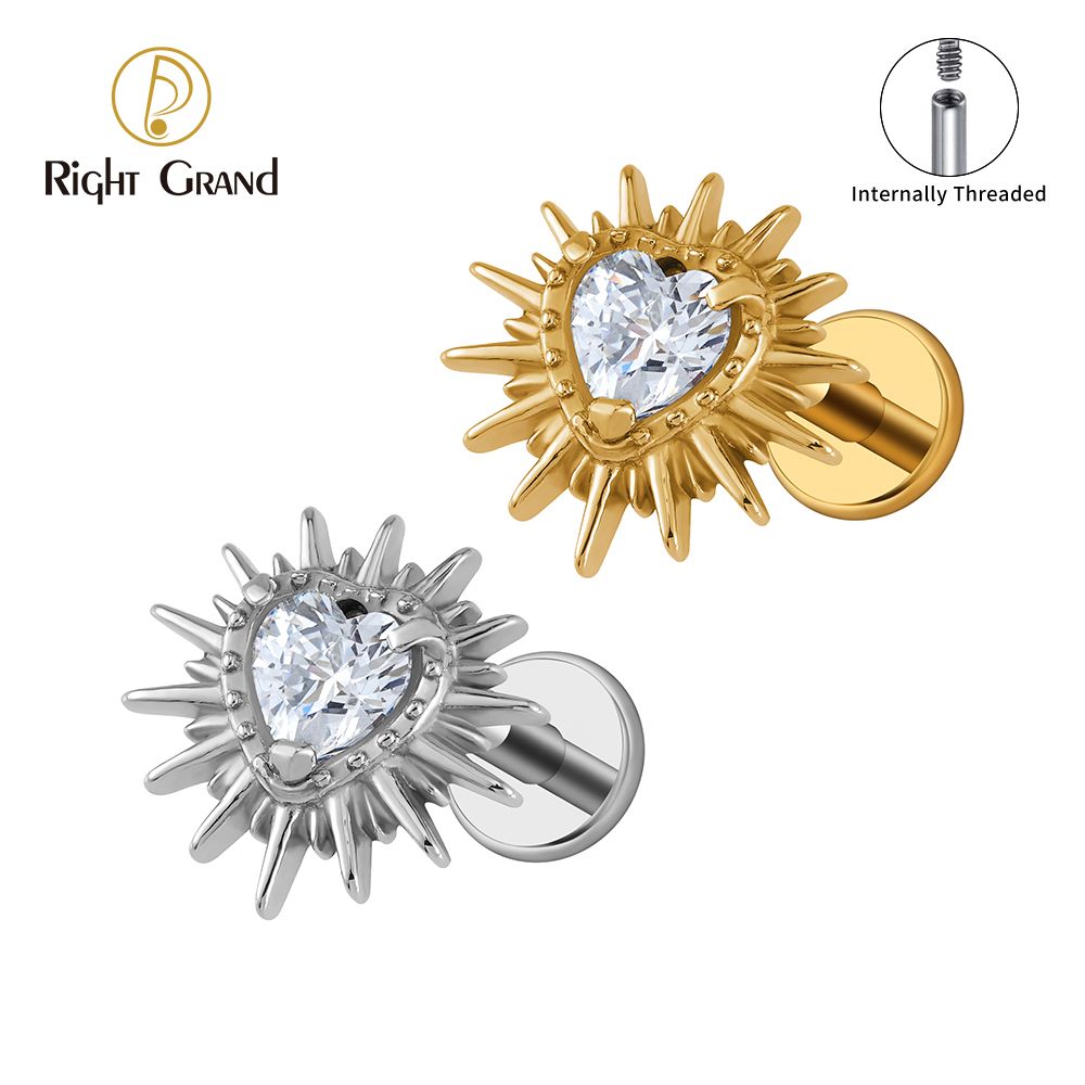 Right Grand ASTM F136 Titanium 16G Internal Thread Sparkling Heart CZ Labret Tragus Cartilage Conch Forward Helix Stud Nose Piercing