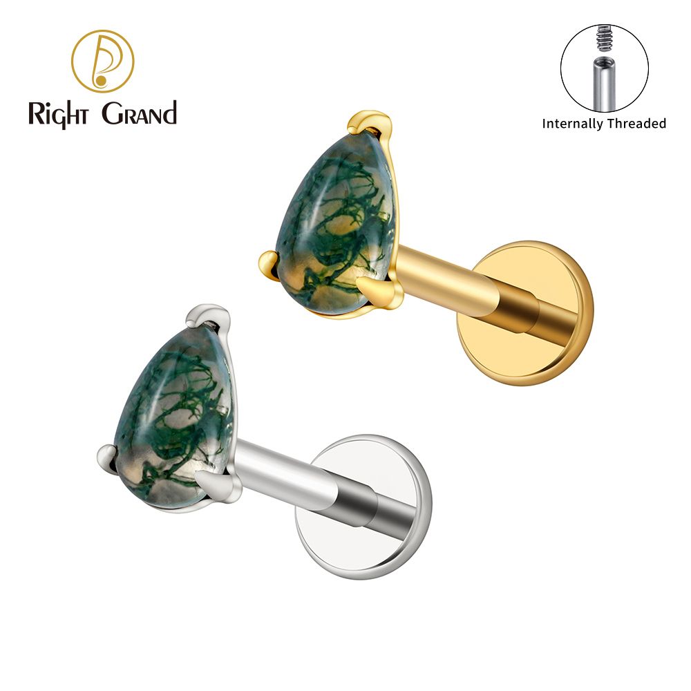 Right Grand ASTM F136 Titanium 16G Internal Thread Pear Moss Agate Flat Back Labret Stud Natural Stone Cartilage Earring Helix Tragus Piercing