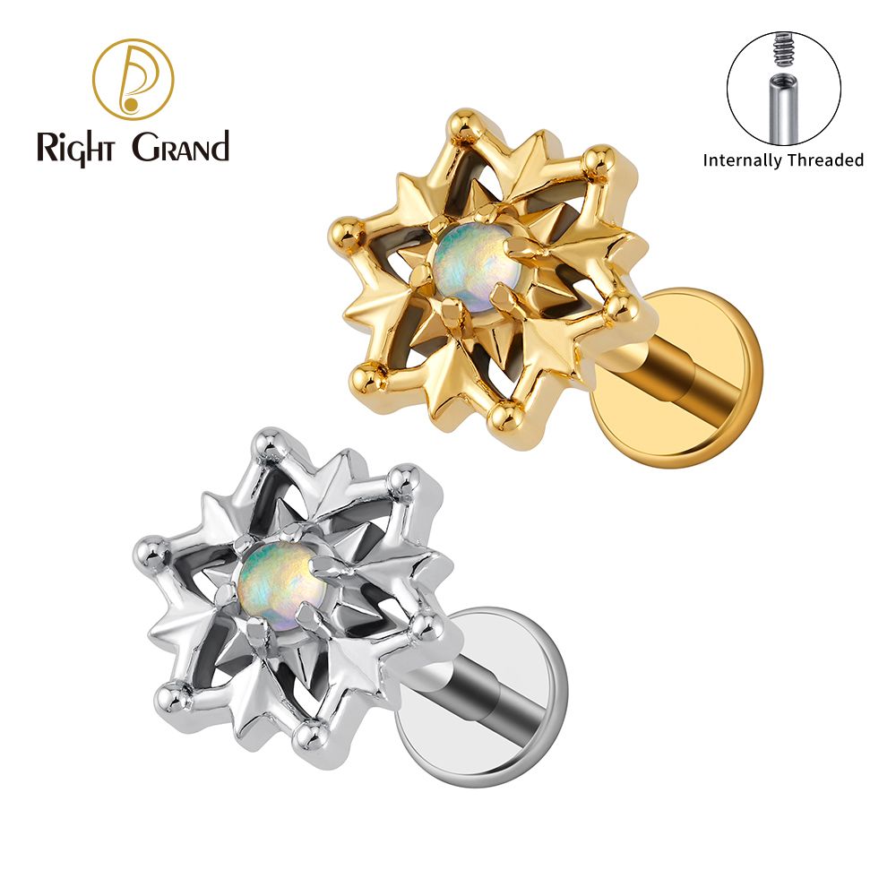 Right Grand ASTM F136 Titanium 16G Internal Thread Tribal Sun Helix Stud with Opal Internally Threaded Labret Cartilage Conch Stud Piercing