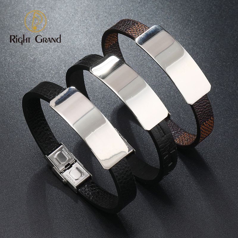 Right Grand Wholesale High Quality Simple Vintage Custom Diy Blank Bar Engraved Logo Stainless Steel Leather Bracelets