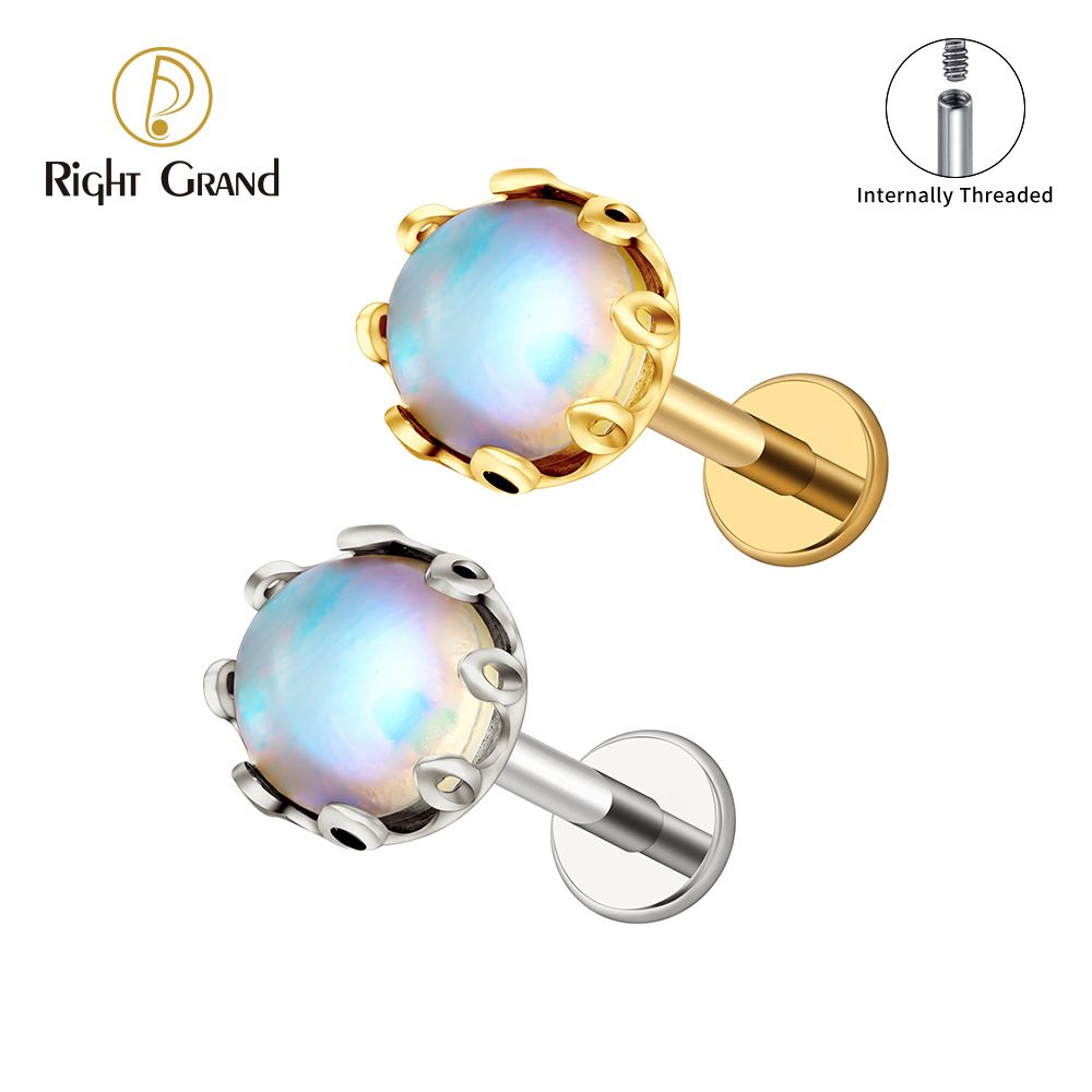 Right Grand ASTM F136 Titanium 16G Internal Thread Moonstone Labret Tragus Cartilage Conch Forward Helix Stud Nose Piercing