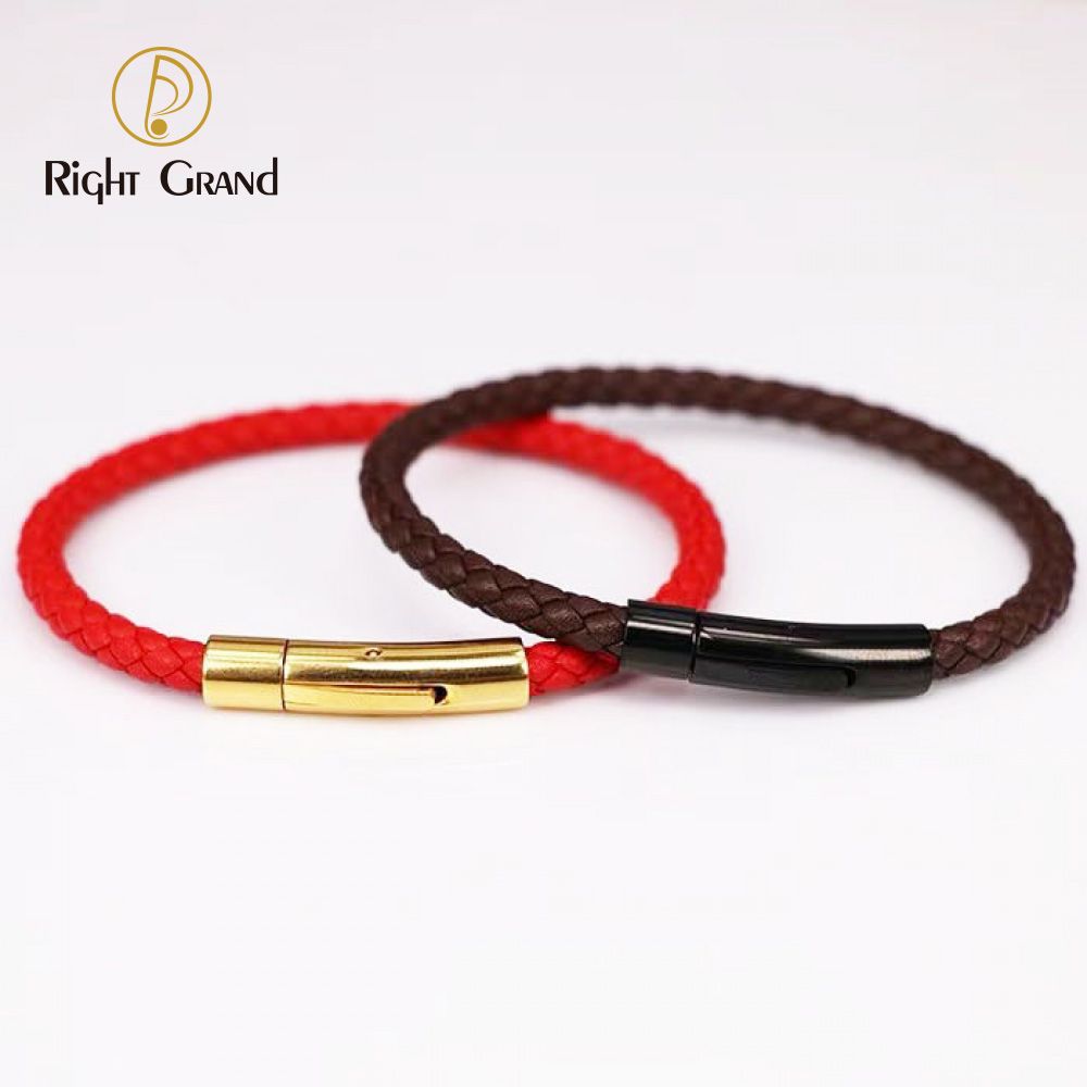 Right Grand Fashion Jewelry Handmade Custom Logo Name Stainless Steel Snap Woven Rope Braided Men Leather Bracelet