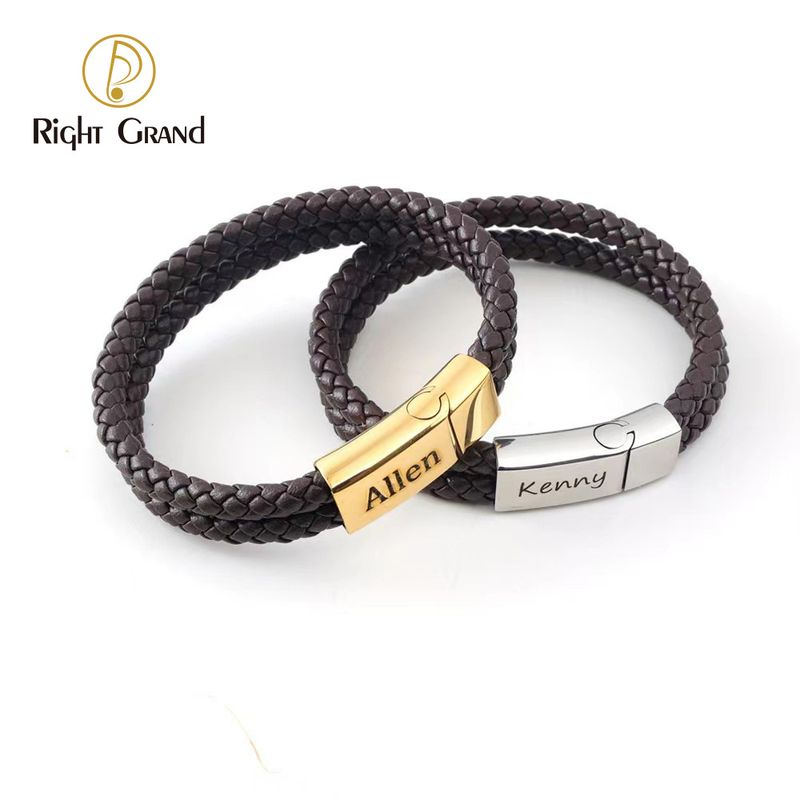 Right Grand High Quality Custom Personalized Name Logo Engraved Stainless Steel Jewelry Magnetic Braid Leather Bracelet