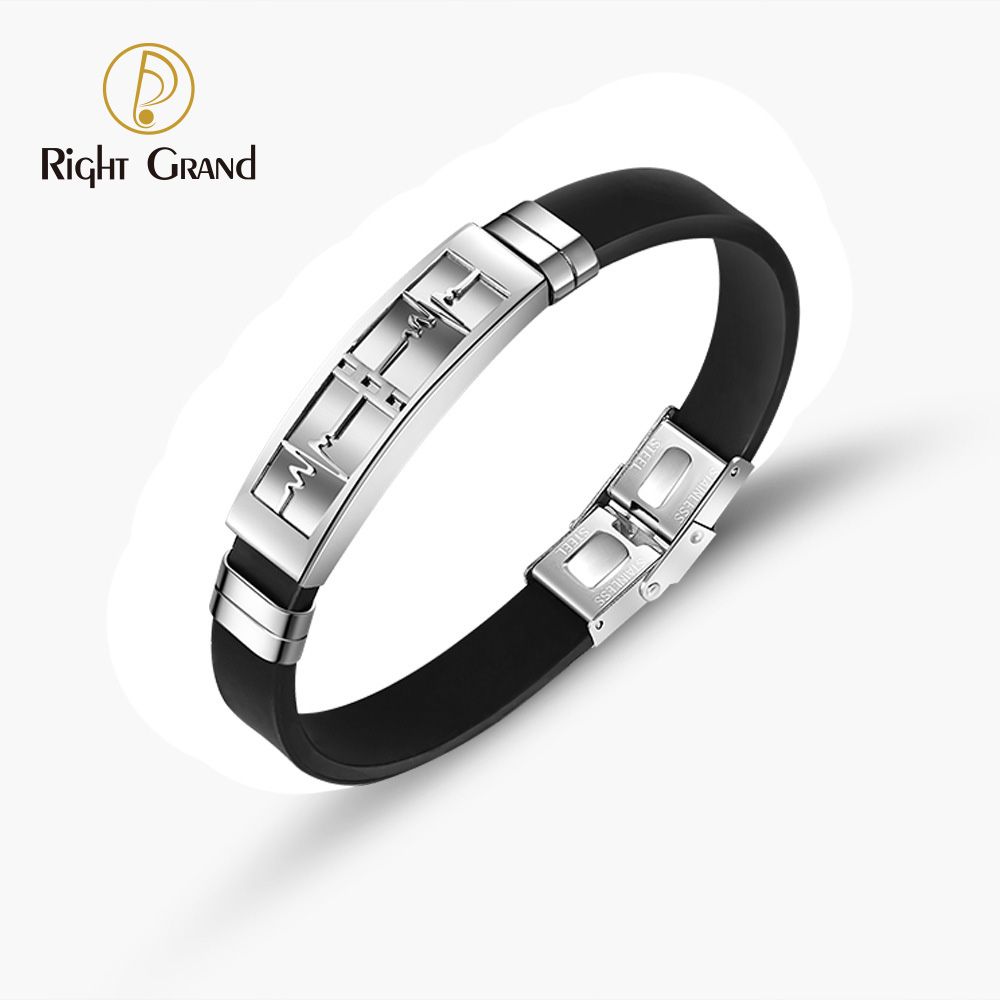 Right Grand Fashion Men Jewelry Gift Stainless Steel Heartbeat Bar Rubber Wristband Silicone Bangle Bracelet