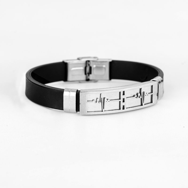 Right Grand Fashion Men Jewelry Gift Stainless Steel Heartbeat Bar Rubber Wristband Silicone Bangle Bracelet