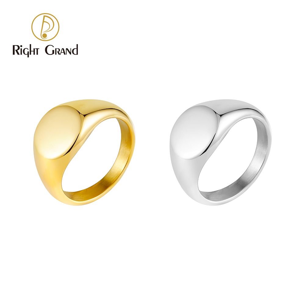 Right Grand 18K Gold Plated Blank Band Oval Signet Finger Ring Customizable Letter Pattern Statement Stainless Steel Rings
