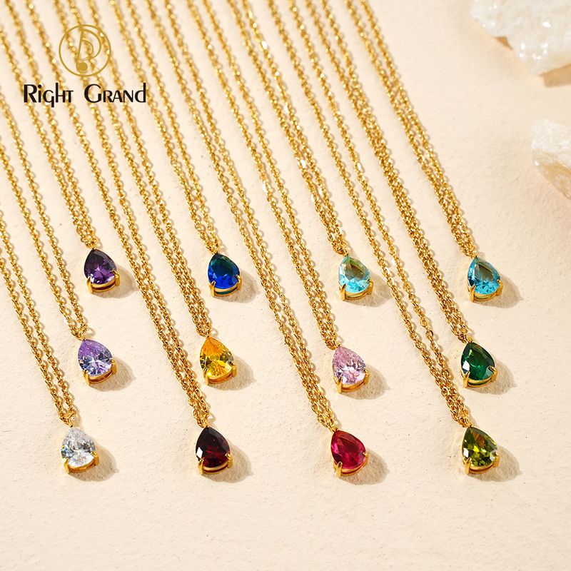 Right Grand BirthStone Jewelry Gift Gold Plated Stainless Steel Zircon Water Drop Teardrop Pendant Birthstone Necklace