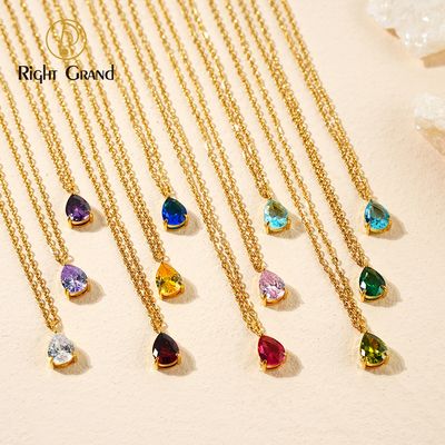 Right Grand BirthStone Jewelry Gift Gold Plated Stainless Steel Zircon Water Drop Teardrop Pendant Birthstone Necklace