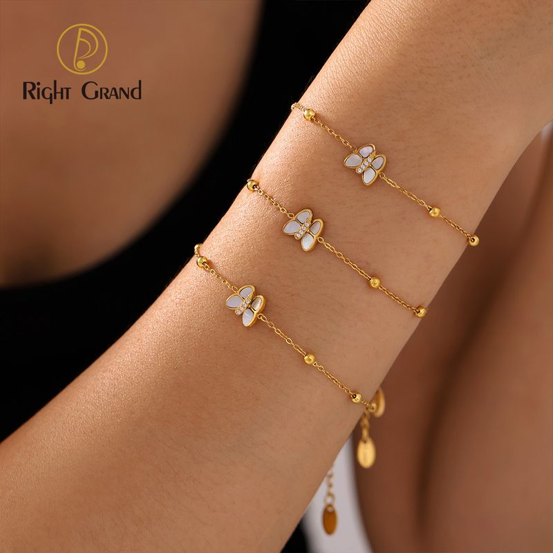 Right Grand Trendy Fashion Elegant Girls Jewelry Gold Plated Stainless Steel Natural White Shell Butterfly Charm Bracelet