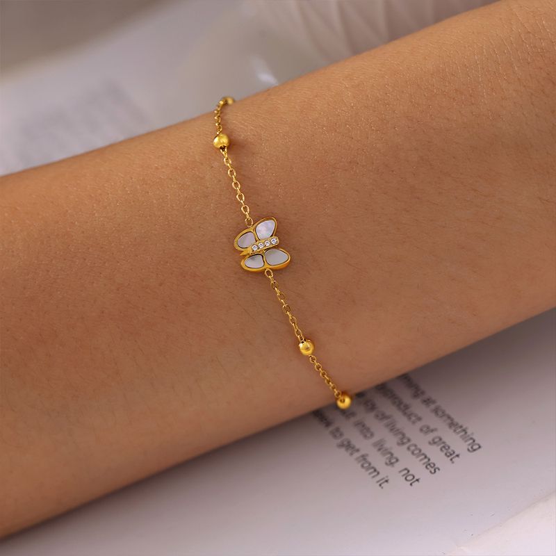Right Grand Trendy Fashion Elegant Girls Jewelry Gold Plated Stainless Steel Natural White Shell Butterfly Charm Bracelet