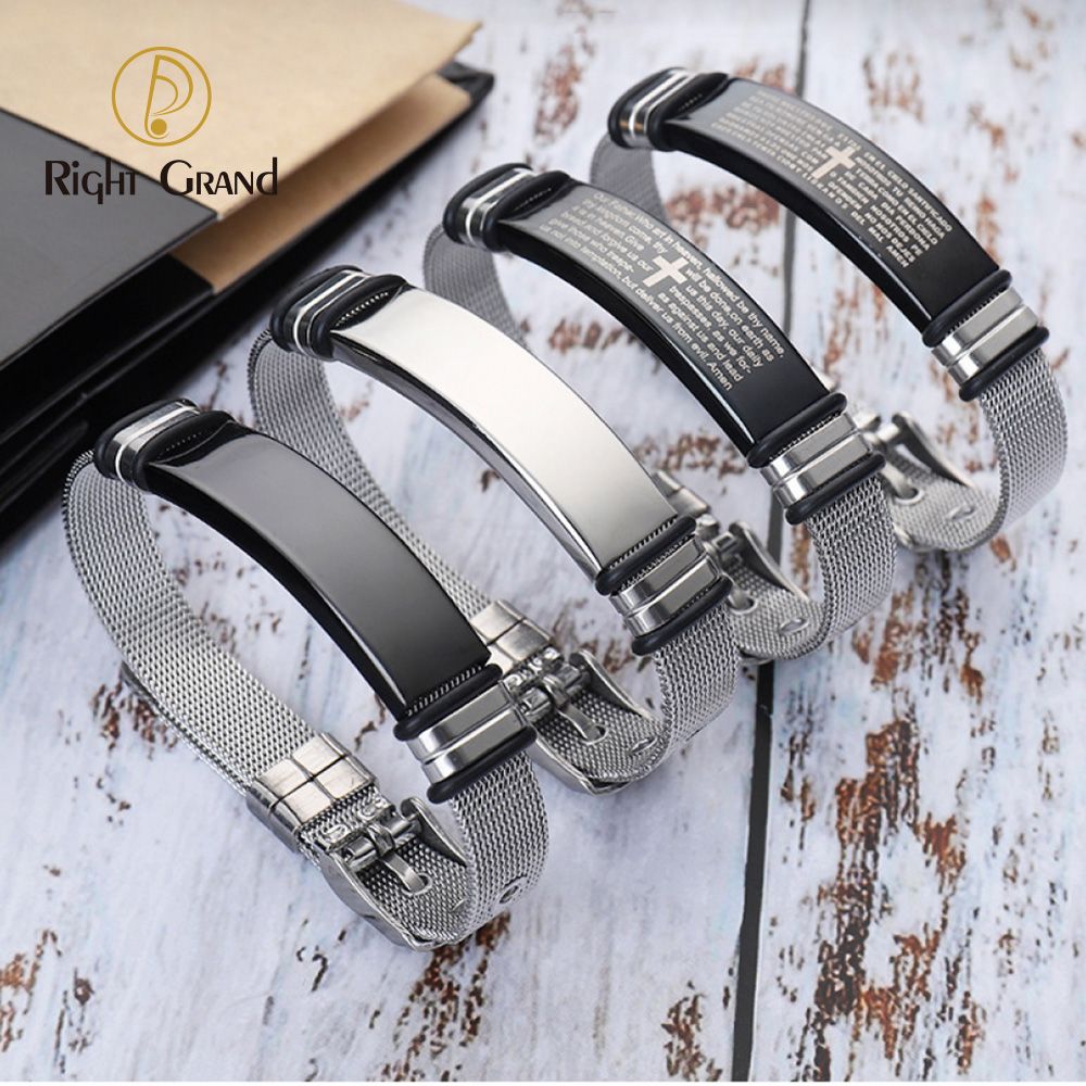 Right Grand New Trendy High Quality No Fade Jewelry Engraved Bible Verse Adjustable Wide Blank Bar Belt Chain Stainless Steel Men&#39;s Bracelet