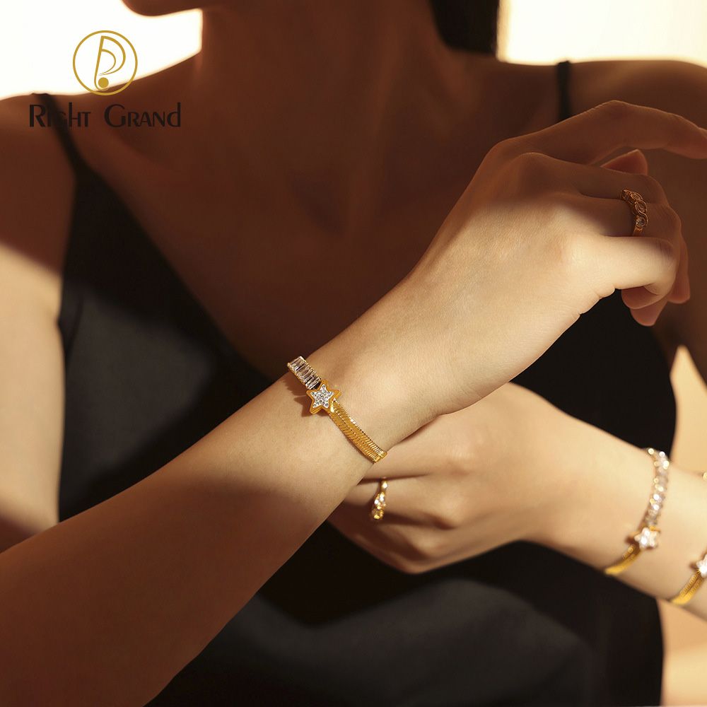 Right Grand Fashion Jewelry Luxury Waterproof Zircon Star Charm 18k Gold Plated Stainless Steel Snake Tennis Link Chain Bracelets