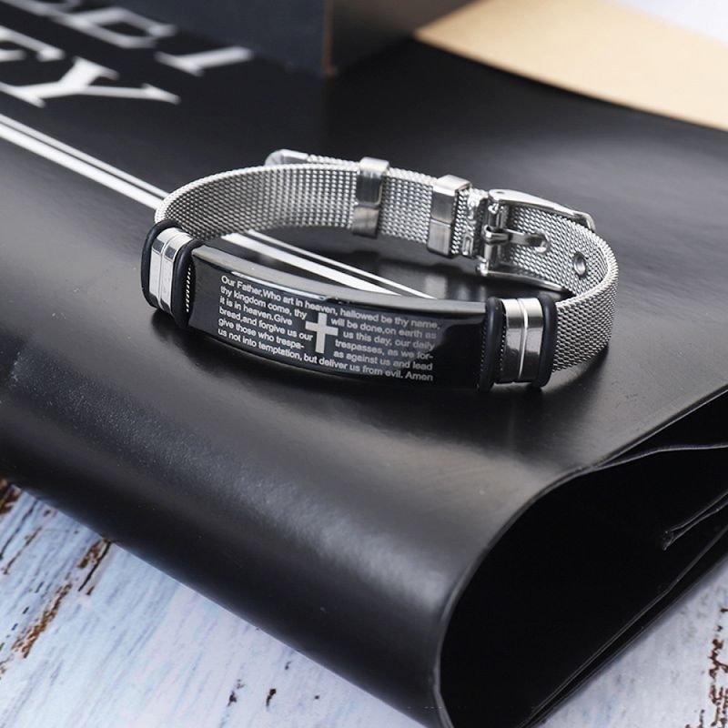 Right Grand New Trendy High Quality No Fade Jewelry Engraved Bible Verse Adjustable Wide Blank Bar Belt Chain Stainless Steel Men's Bracelet