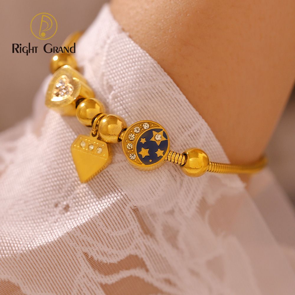 Right Grand Fashion Jewelry Waterproof Stainless Steel Gold Plated Snake Chain Enamel Moon Star Rhinestone Love Heart Charm Bangle Bracelet