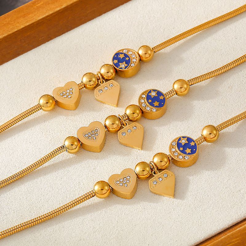Right Grand Fashion Jewelry Waterproof Stainless Steel Gold Plated Snake Chain Enamel Moon Star Rhinestone Love Heart Charm Bangle Bracelet