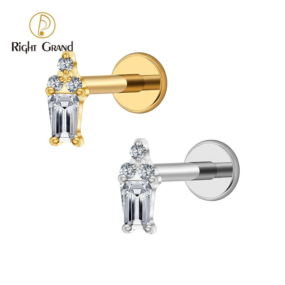 Right Grand ASTM F136 Titanium 16G Internal Thread Mini Baguette &amp; Round CZ Cartilage Earring Dainty Helix Tragus Nose Stud Piercing Jewelry