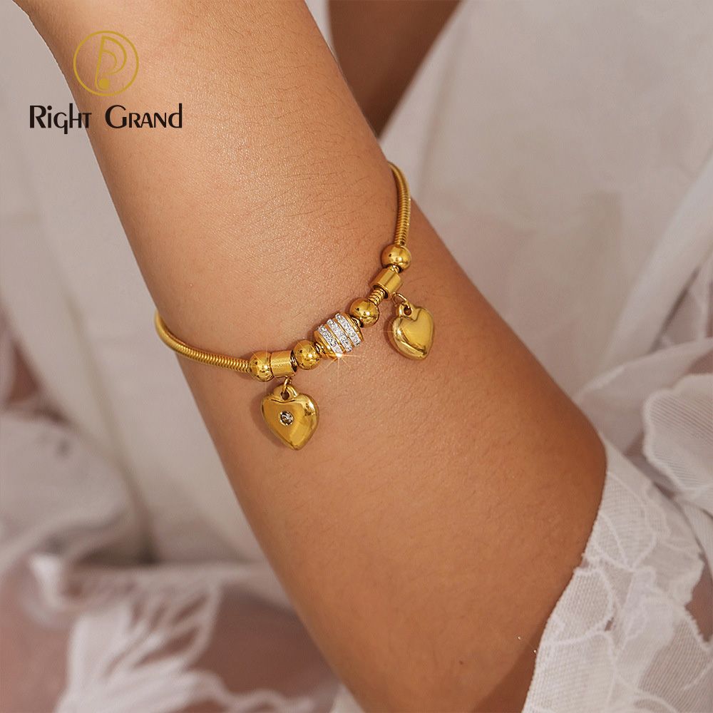 Right Grand Wholesale Non Tarnish Jewelry Stainless Steel Gold Plated Snake Chain Rhinestone Diamond Love Heart Charm Bangle Bracelet