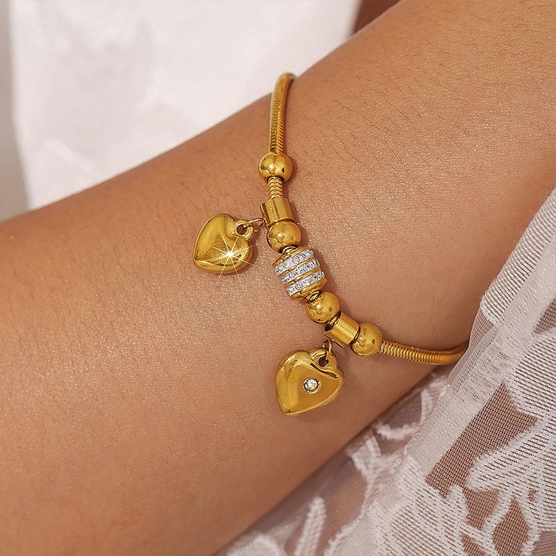 Right Grand Wholesale Non Tarnish Jewelry Stainless Steel Gold Plated Snake Chain Rhinestone Diamond Love Heart Charm Bangle Bracelet