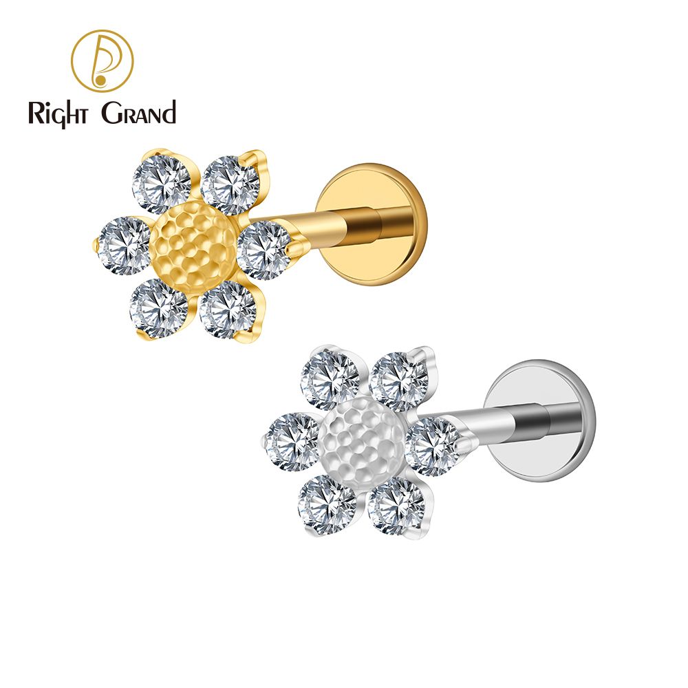 Right Grand ASTM F136 Titanium 16G Internal Thread Mini Sunflower Cartilage Earring Dainty Flower CZ Helix Conch Earlobe Piercing Labret Stud Nose Piercing